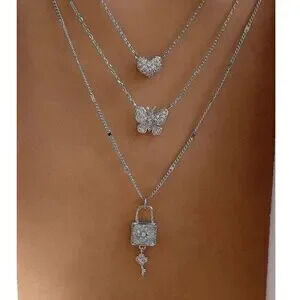 Luxe Rhinestone Lock Key Heart Multilayer Necklace